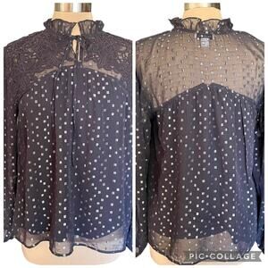 Calligraphie Black Lace Trim Metallic Clip Dot Sheer Blouse MED Whimsygoth Fairy